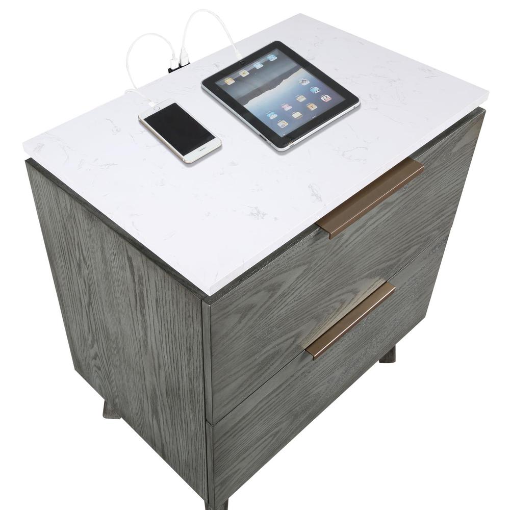 Nathan 2-drawer Nightstand with USB Port White Marble and Grey. Picture 10