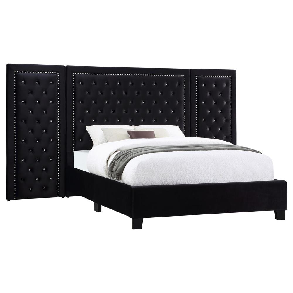 Hailey Upholstered Platform Queen Bed with Wall Panel Black. Picture 8