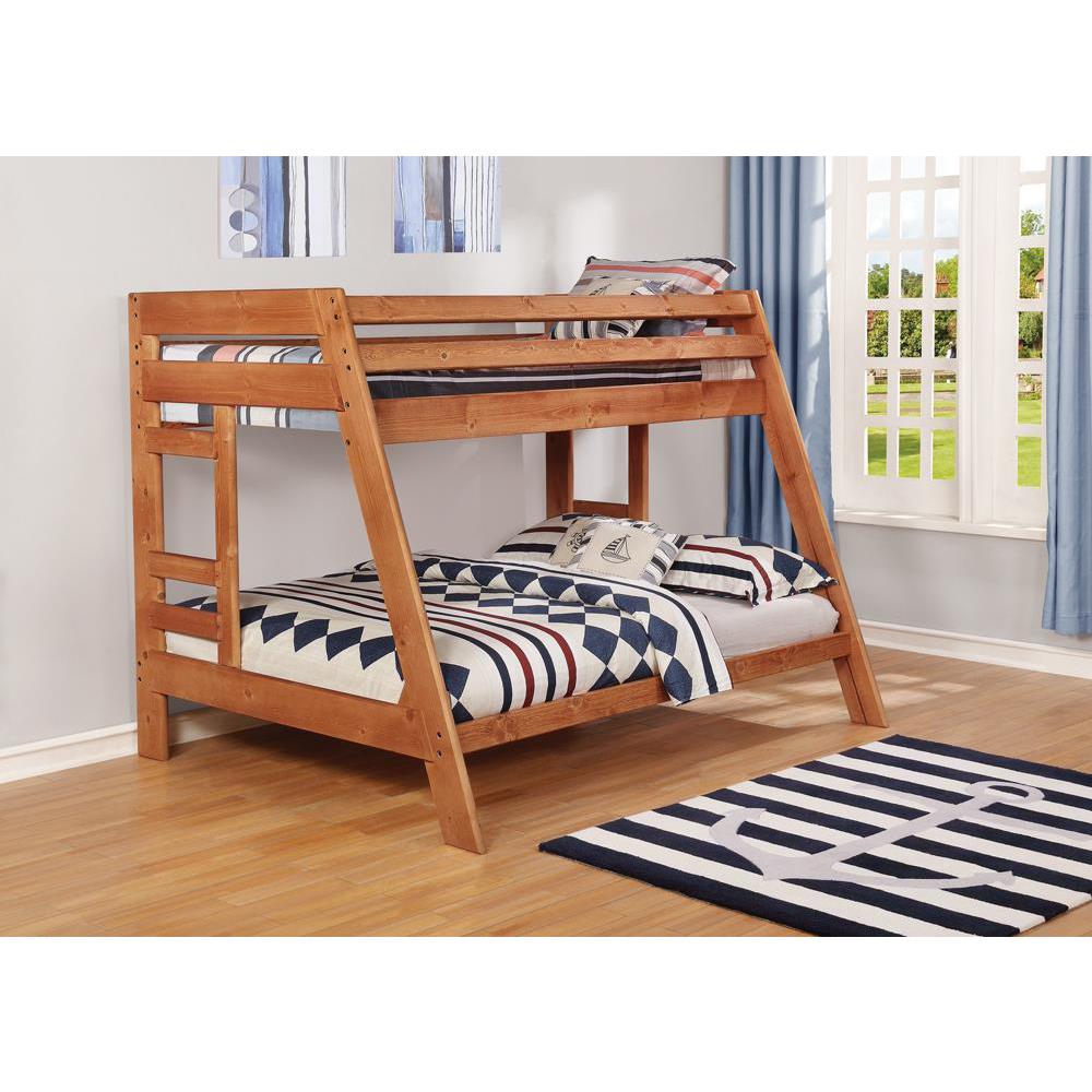 Wrangle Hill Twin Over Full Bunk Bed with Built-in Ladder Amber Wash. Picture 8