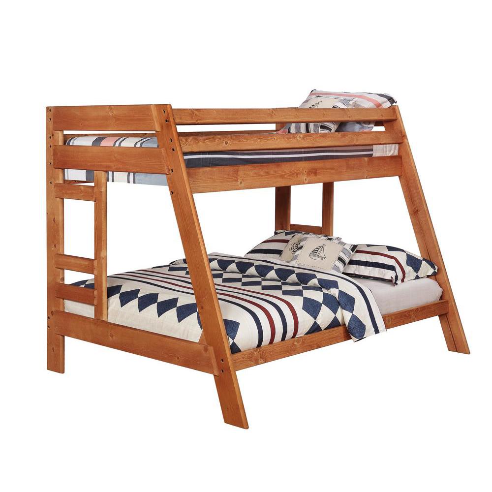Wrangle Hill Twin Over Full Bunk Bed with Built-in Ladder Amber Wash. Picture 1