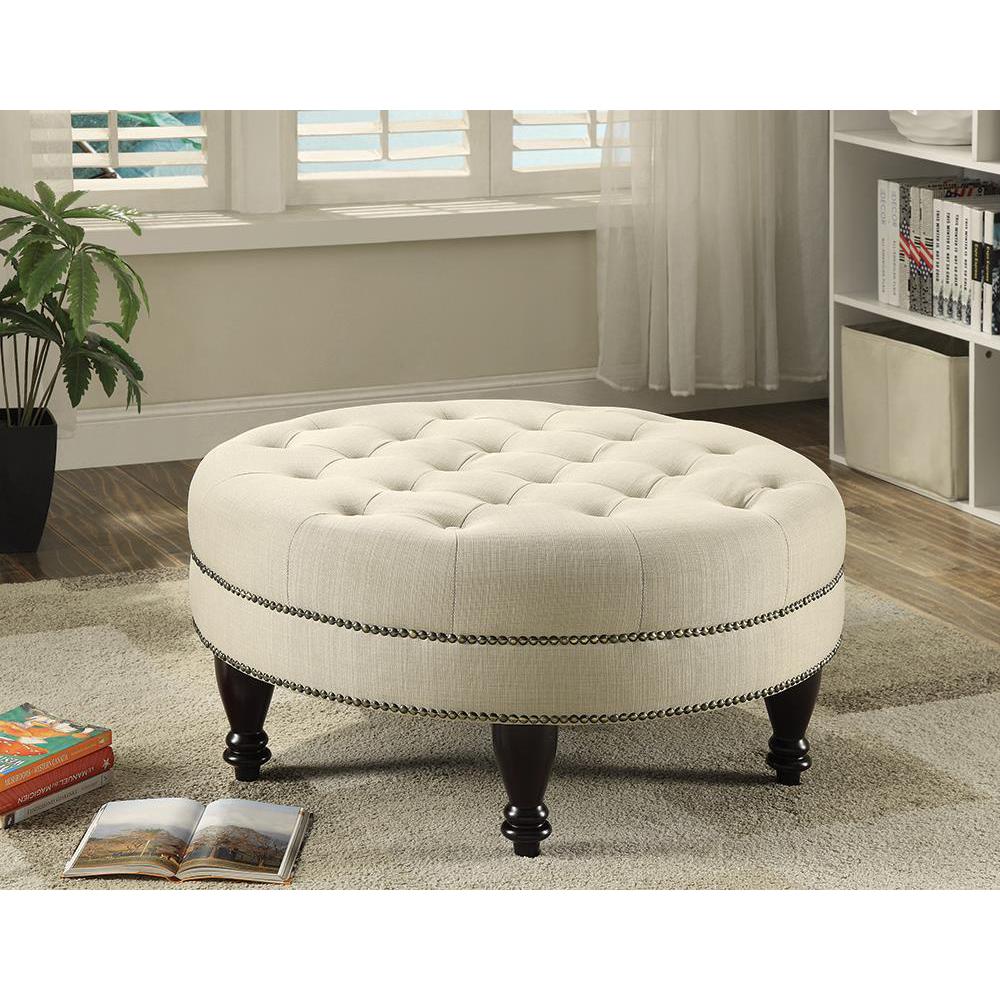 Elchin Round Upholstered Tufted Ottoman Oatmeal. Picture 1