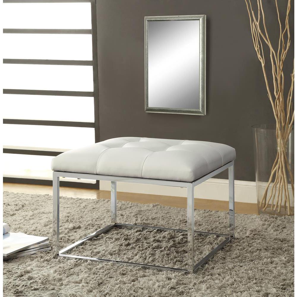 Swanson Upholstered Tufted Ottoman White and Chrome. Picture 2