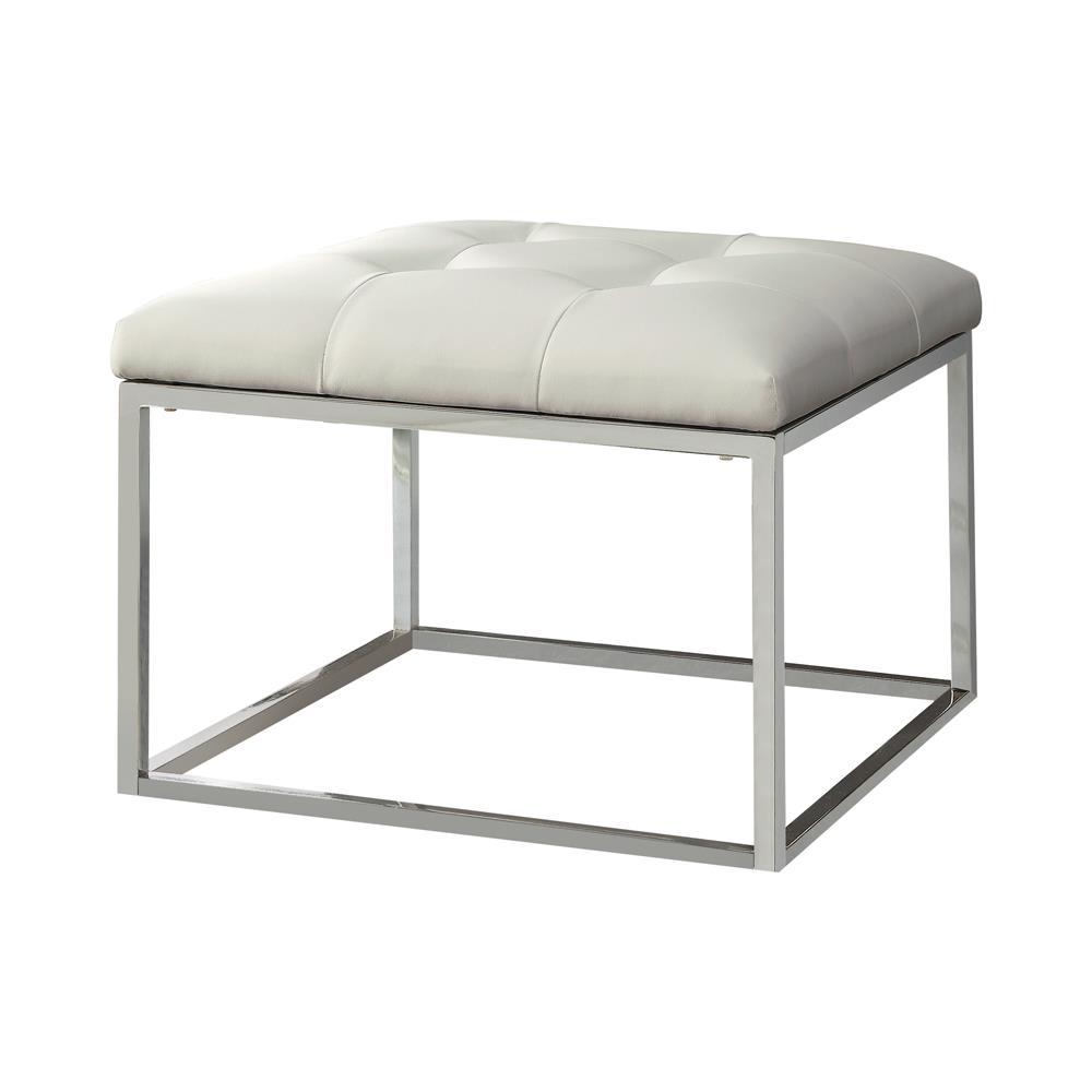 Swanson Upholstered Tufted Ottoman White and Chrome. Picture 1