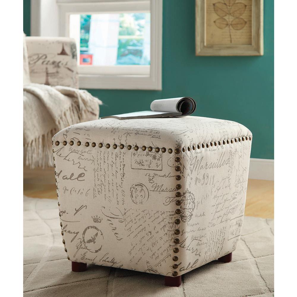 Lucy Upholstered Ottoman with Nailhead Trim Off White and Grey. Picture 1
