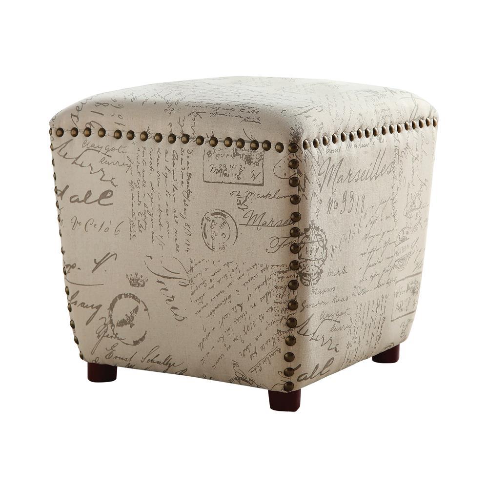 Lucy Upholstered Ottoman with Nailhead Trim Off White and Grey. Picture 2