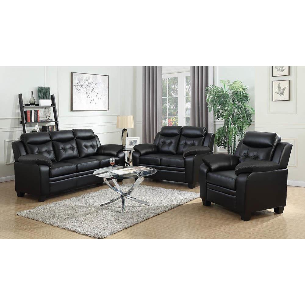 Finley Upholstered Pillow Top Arm Living Room Set Black. Picture 1