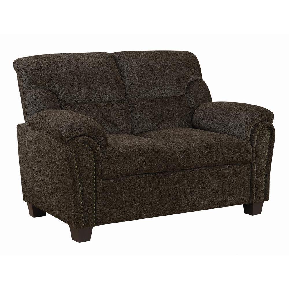 Clementine Upholstered Loveseat with Nailhead Trim Brown. Picture 2