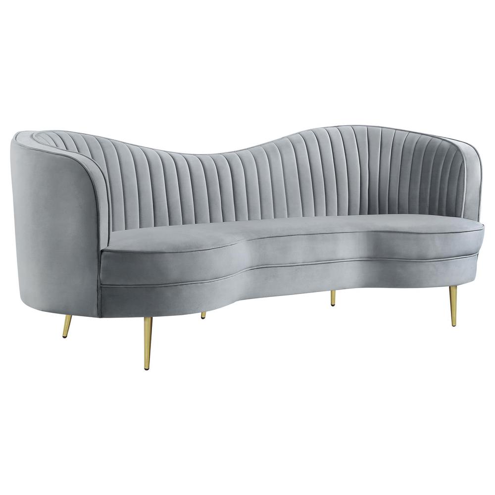 Sophia Upholstered Sofa with Camel Back Grey and Gold. Picture 2