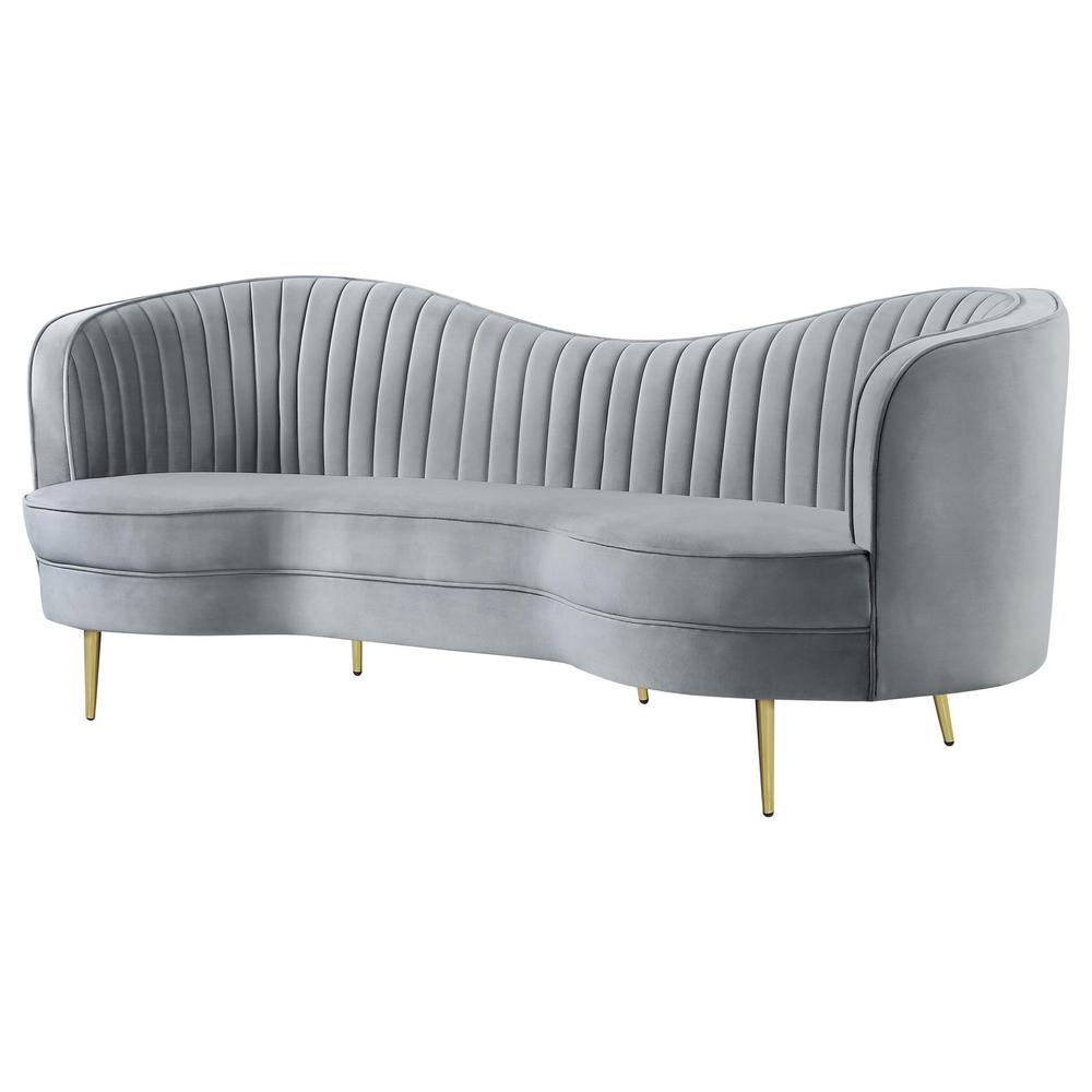 Sophia Upholstered Sofa with Camel Back Grey and Gold. Picture 4