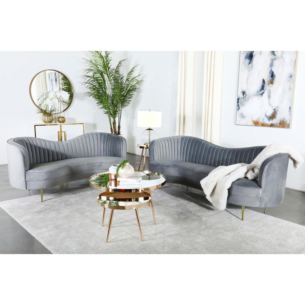Sophia 2-piece Upholstered Living Room Set with Camel Back Grey and Gold. Picture 1
