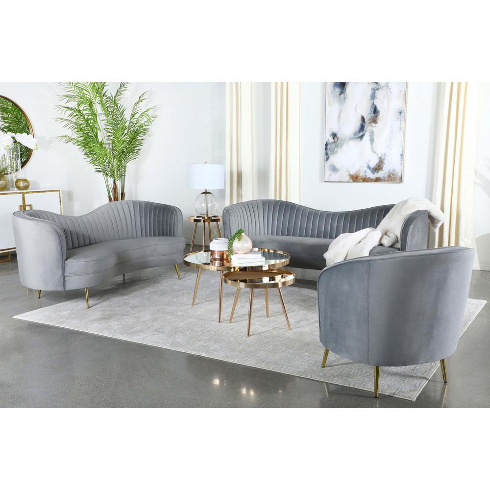 Sophia 3-piece Upholstered Living Room Set with Camel Back Grey and Gold. Picture 1