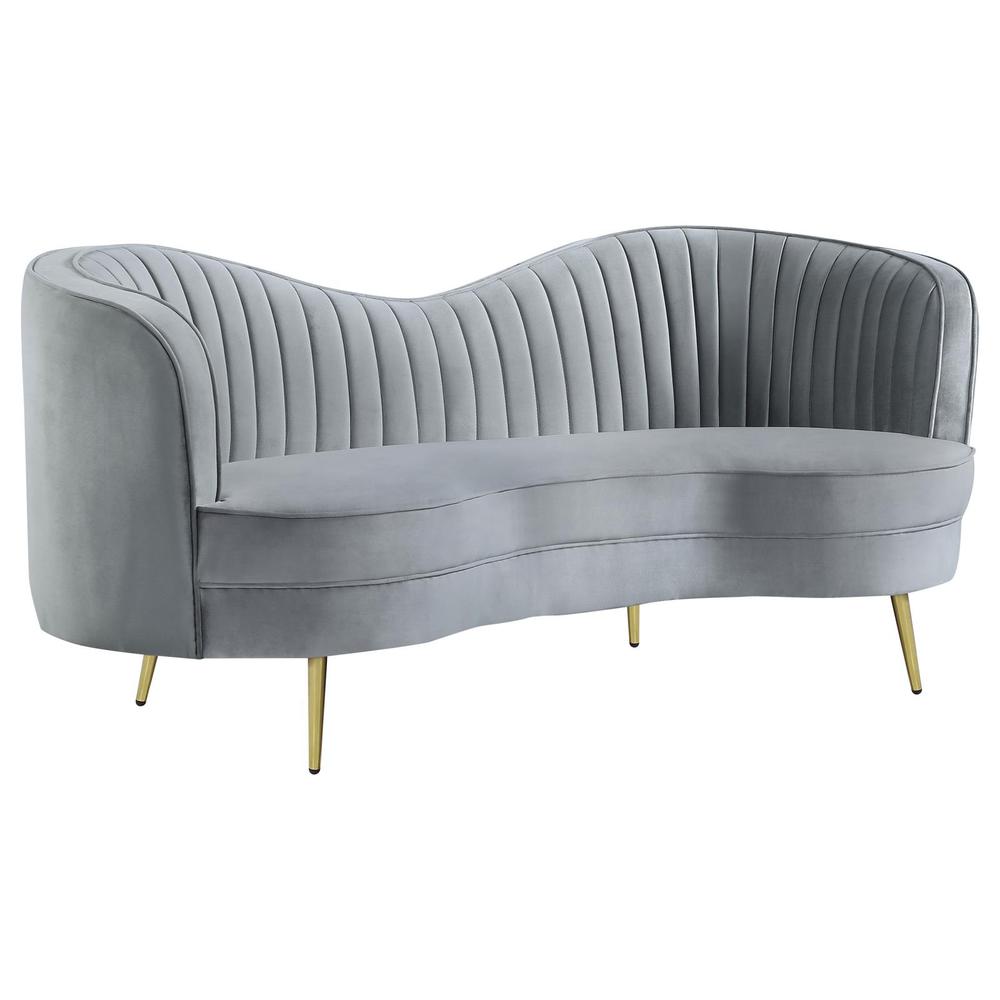 Sophia Upholstered Loveseat with Camel Back Grey and Gold. Picture 2