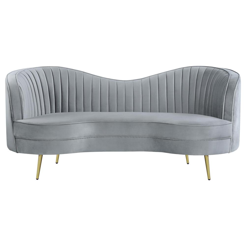 Sophia Upholstered Loveseat with Camel Back Grey and Gold. Picture 3