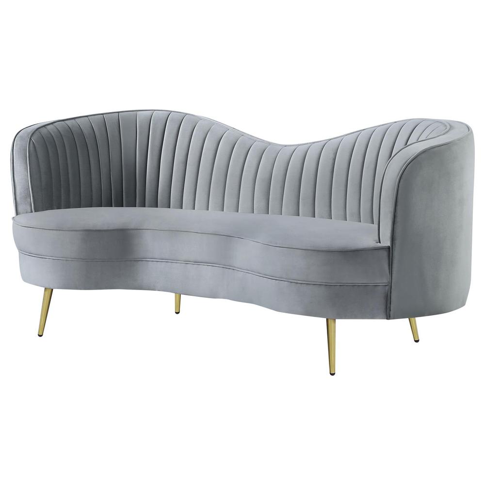 Sophia Upholstered Loveseat with Camel Back Grey and Gold. Picture 4