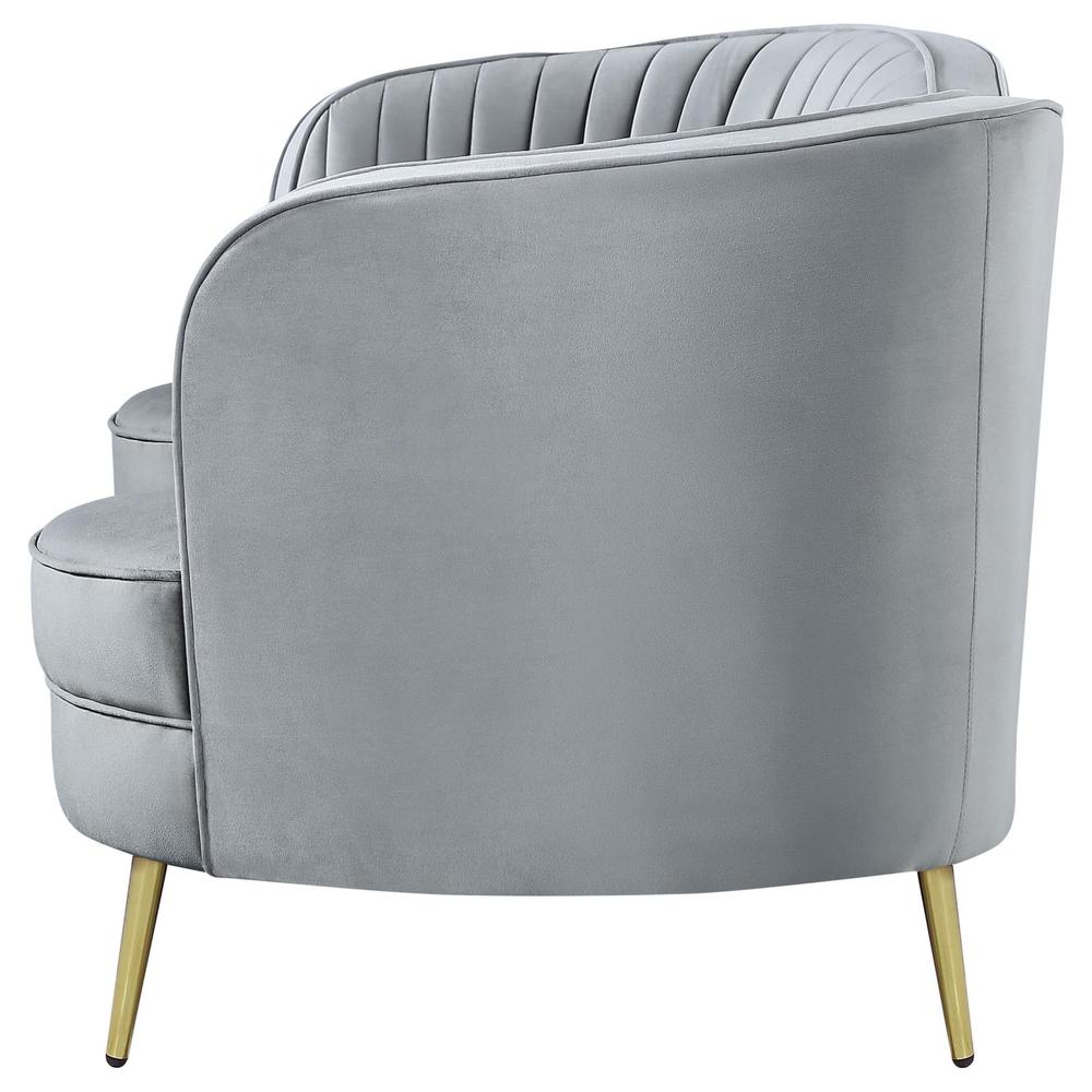 Sophia Upholstered Loveseat with Camel Back Grey and Gold. Picture 5