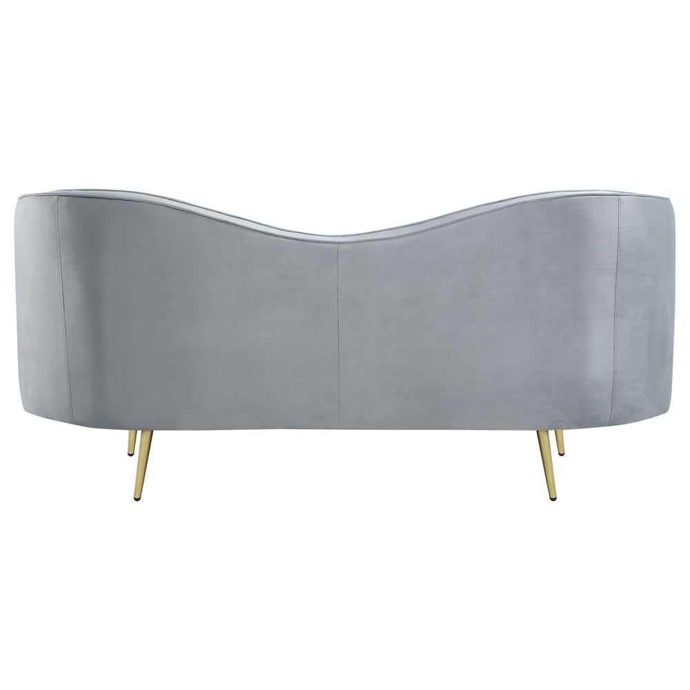 Sophia Upholstered Loveseat with Camel Back Grey and Gold. Picture 6