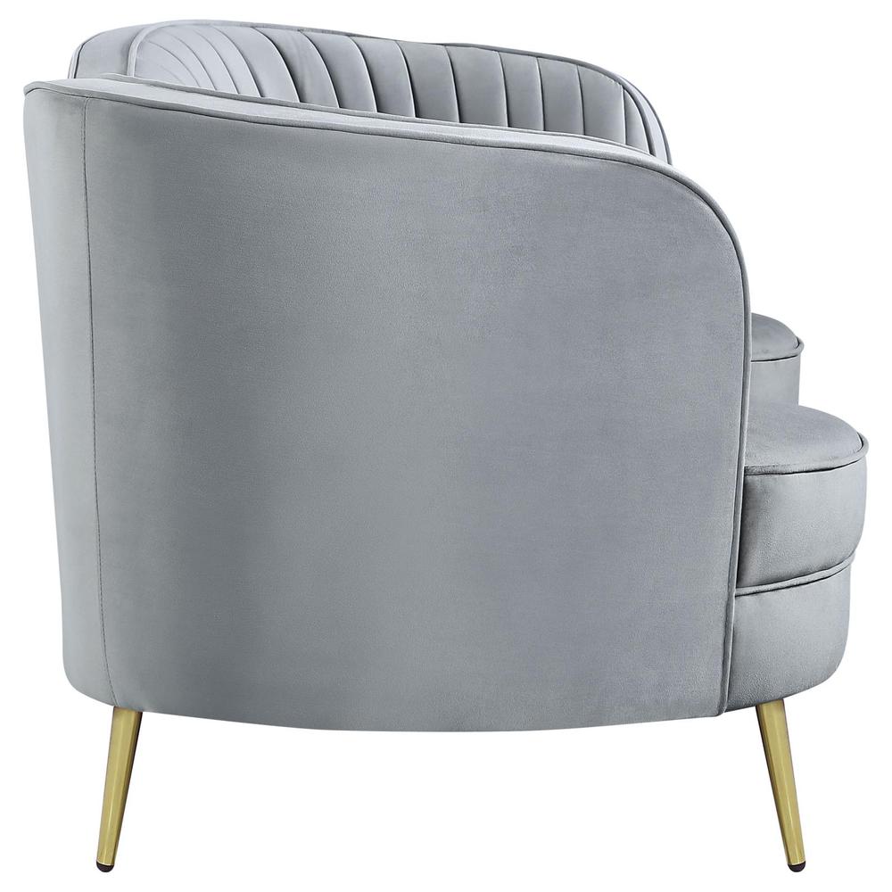 Sophia Upholstered Loveseat with Camel Back Grey and Gold. Picture 7