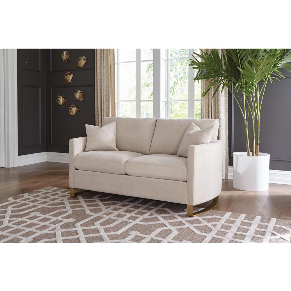 Corliss Upholstered Arched Arms Loveseat Beige. Picture 1