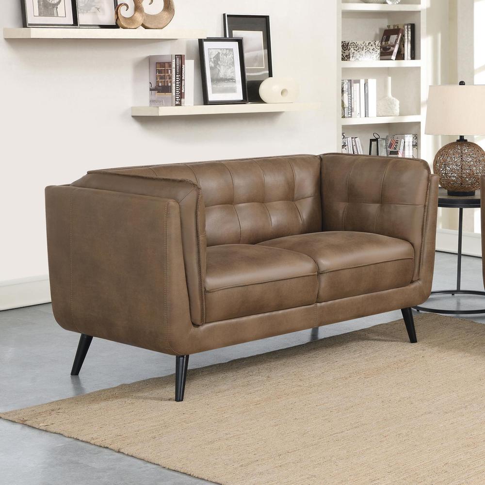 Thatcher Upholstered Button Tufted Loveseat Brown. Picture 1