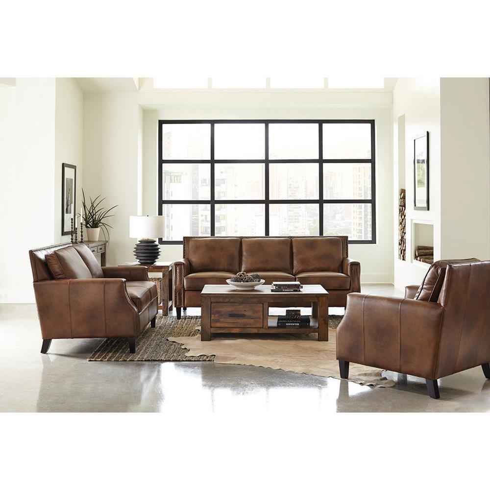 Leaton Upholstered Recessed Arms Loveseat Brown Sugar. Picture 1