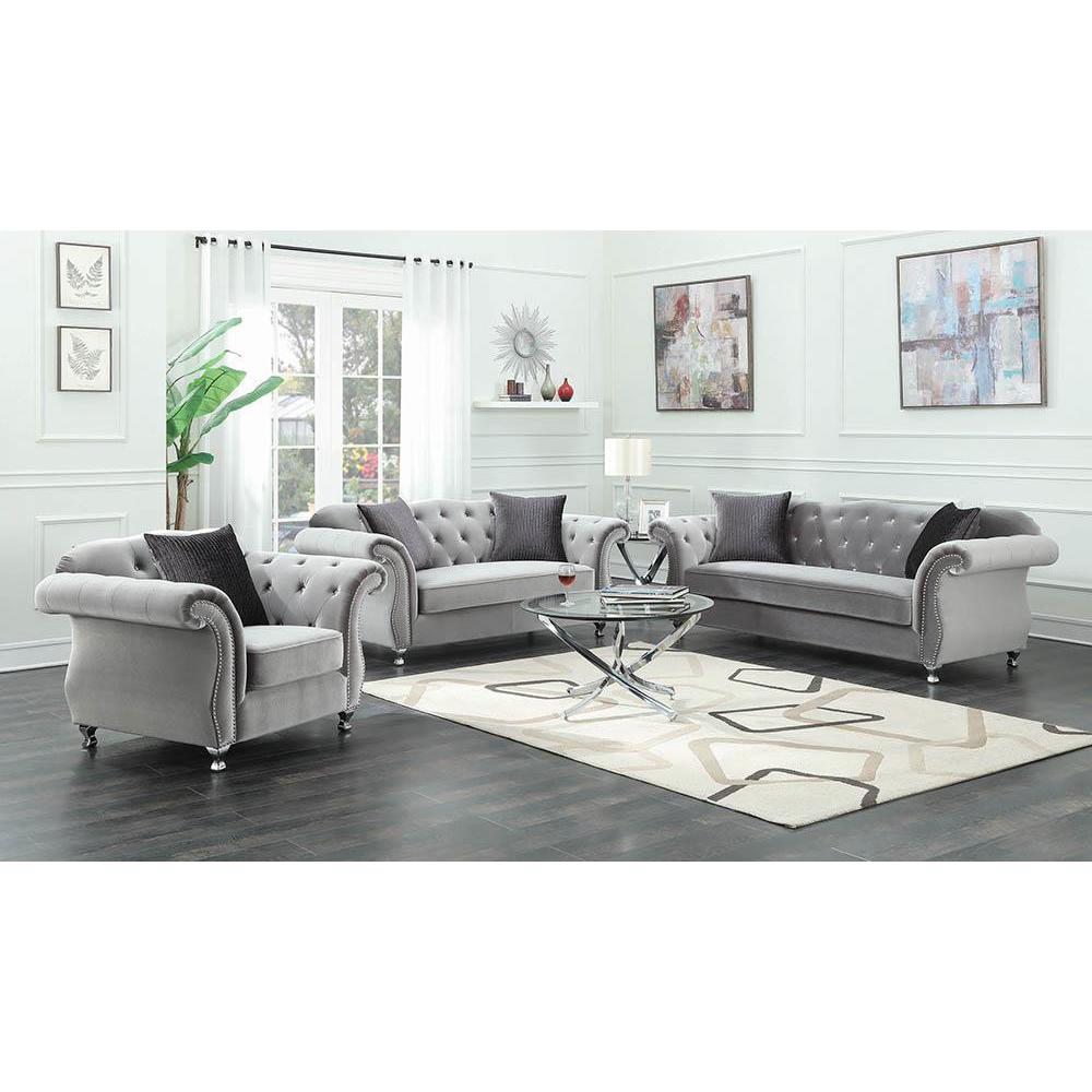 Frostine Upholstered Tufted Living Room Set Silver. Picture 1