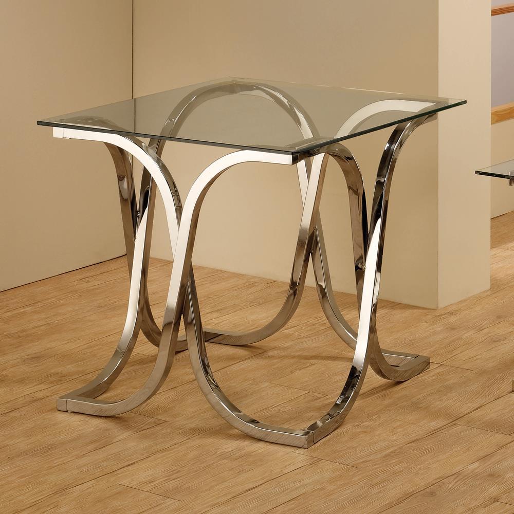 Tess Curved X-shaped End Table Nickel and Clear. Picture 1