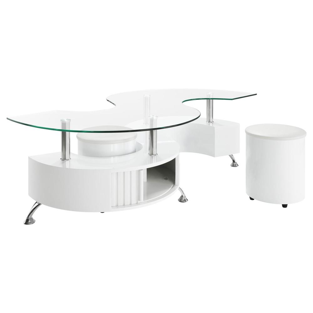 Buckley Curved Glass Top Coffee Table With Stools White High Gloss. Picture 9