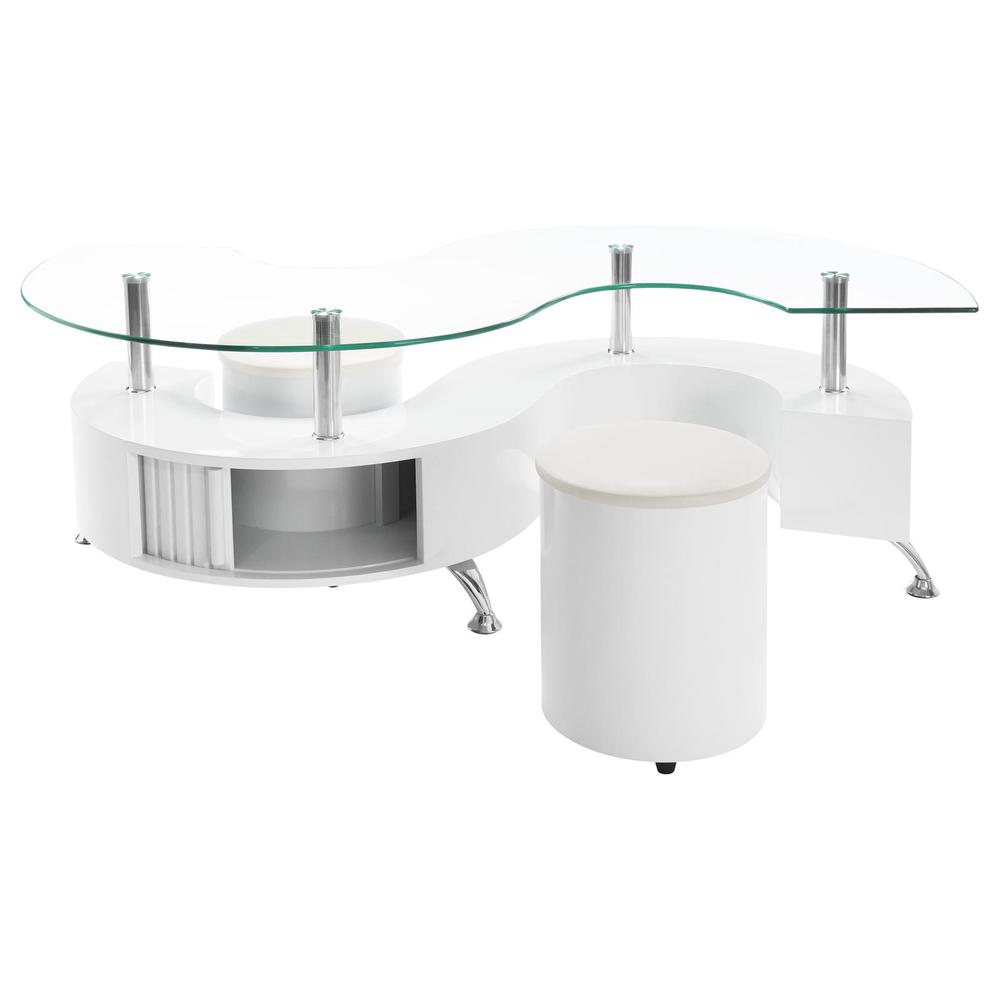 Buckley Curved Glass Top Coffee Table With Stools White High Gloss. Picture 1