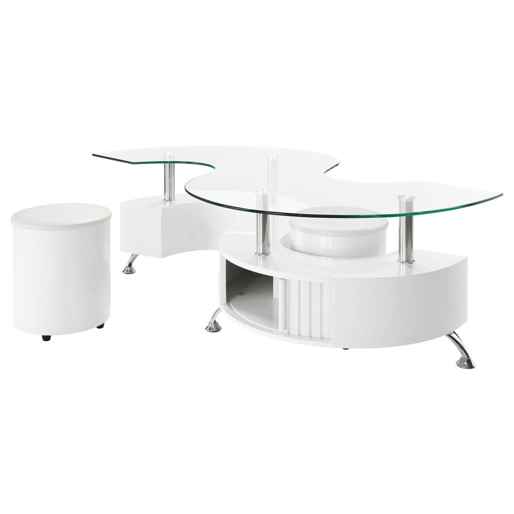 Buckley Curved Glass Top Coffee Table With Stools White High Gloss. Picture 2