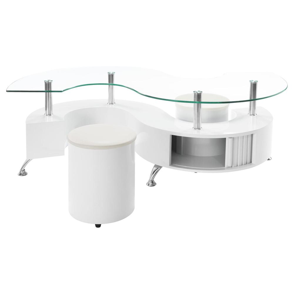 Buckley Curved Glass Top Coffee Table With Stools White High Gloss. Picture 5