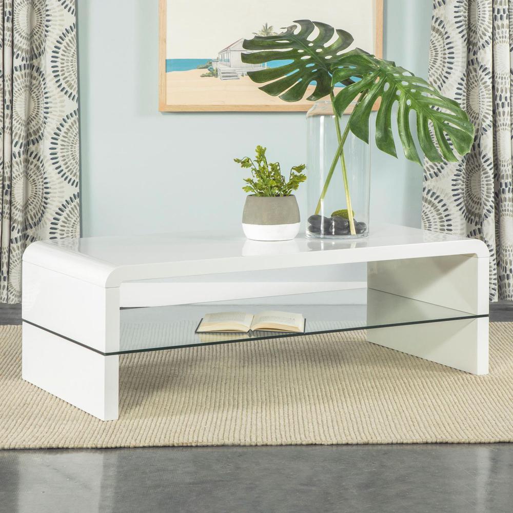 Airell Rectangular Coffee Table with Glass Shelf White High Gloss. Picture 1