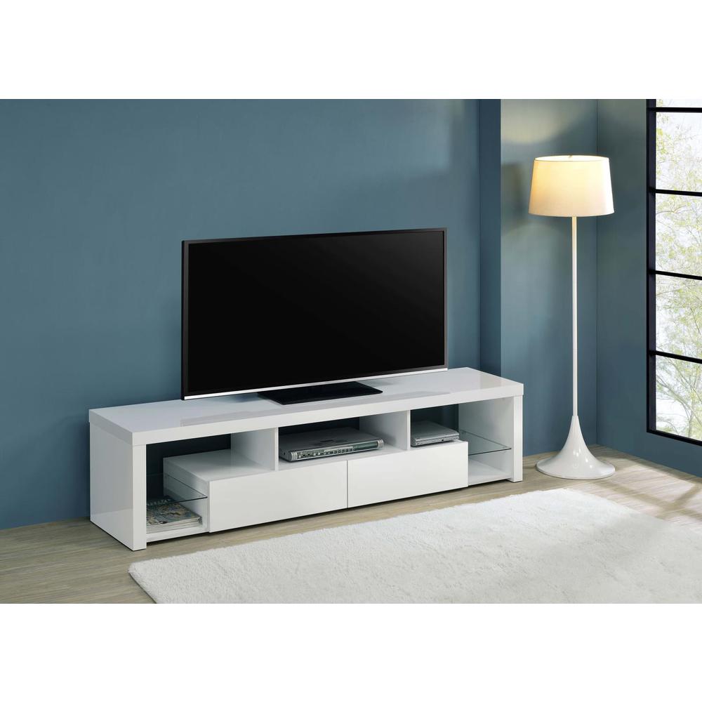 Jude 2-drawer 71" TV Stand With Shelving White High Gloss. Picture 13