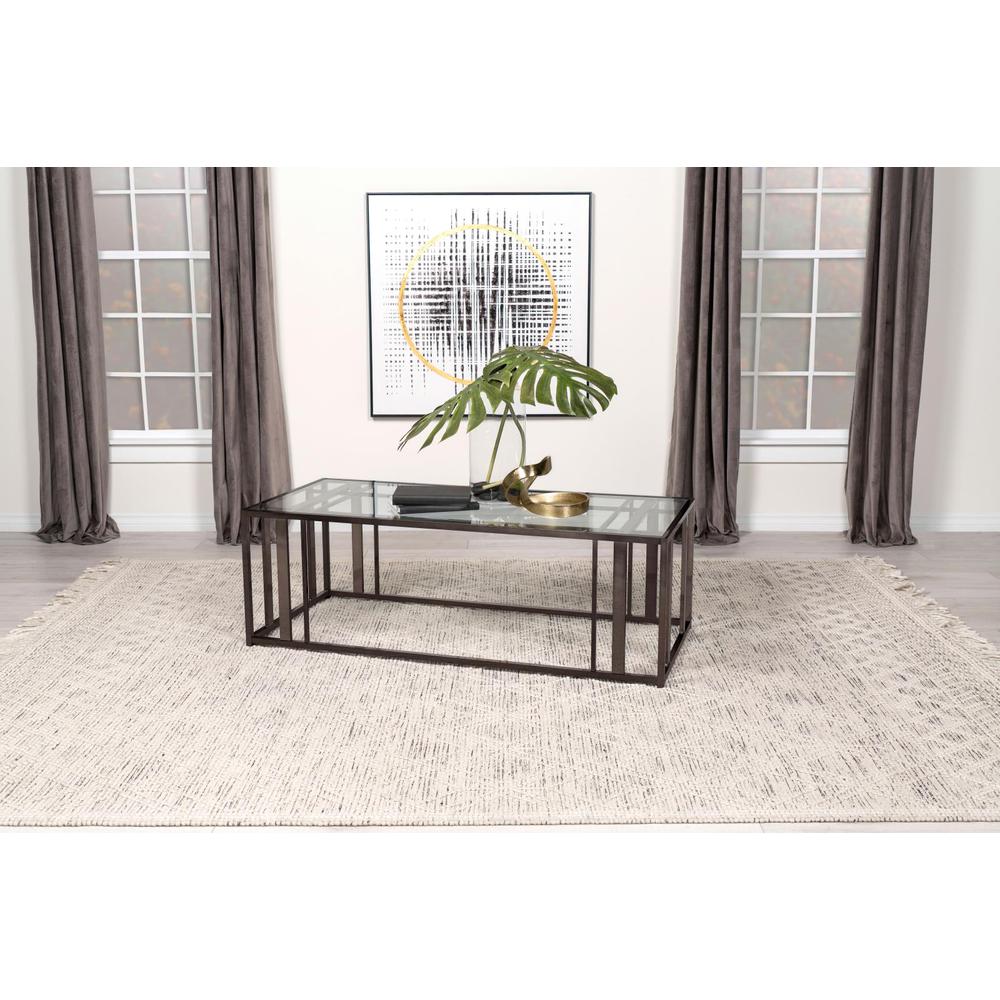 Adri Rectangular Glass Top Coffee Table Clear and Black Nickel. Picture 12