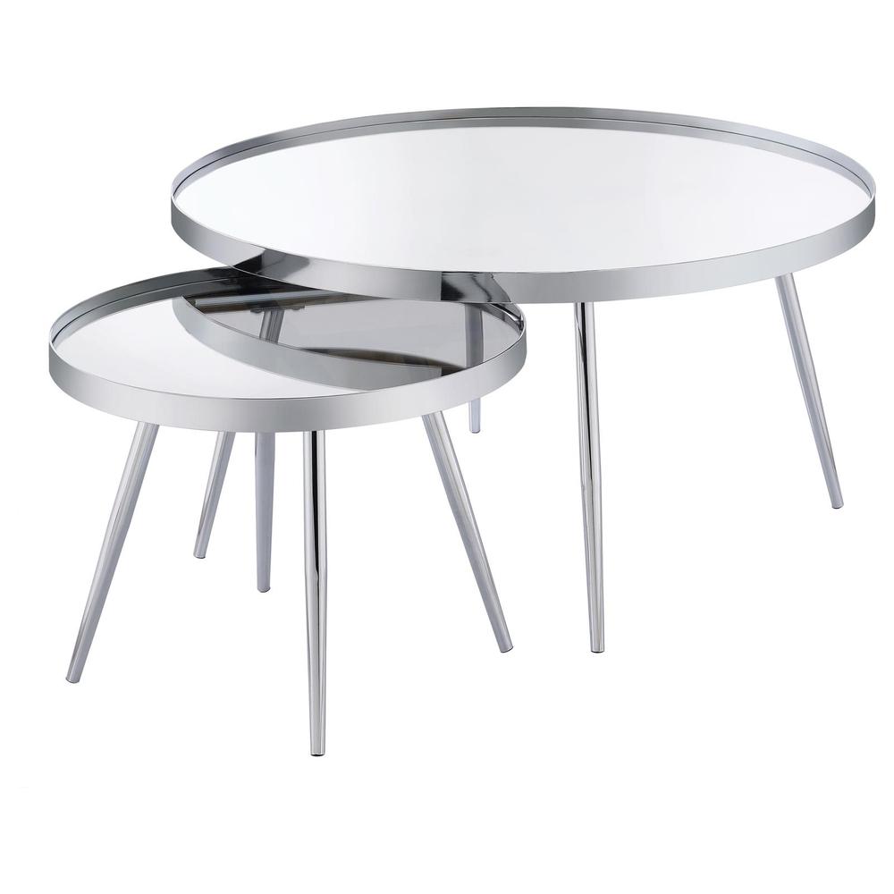 Kaelyn 2-Piece Round Mirror Top Nesting Coffee Table Chrome. Picture 3