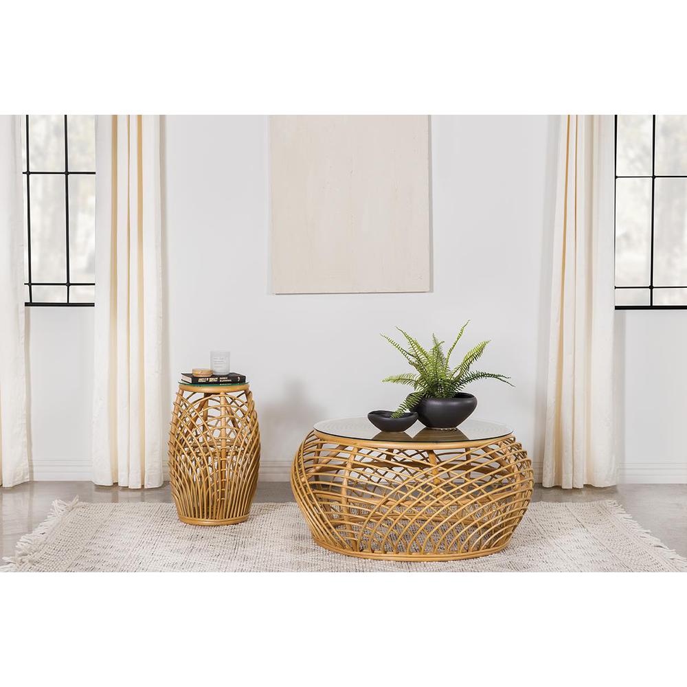 Dahlia Round Glass Top Woven Rattan End Table Natural Brown. Picture 1