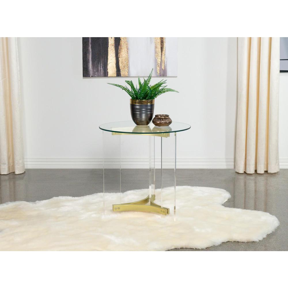 Janessa Round Glass Top End Table With Acrylic Legs Clear and Matte Brass. Picture 10