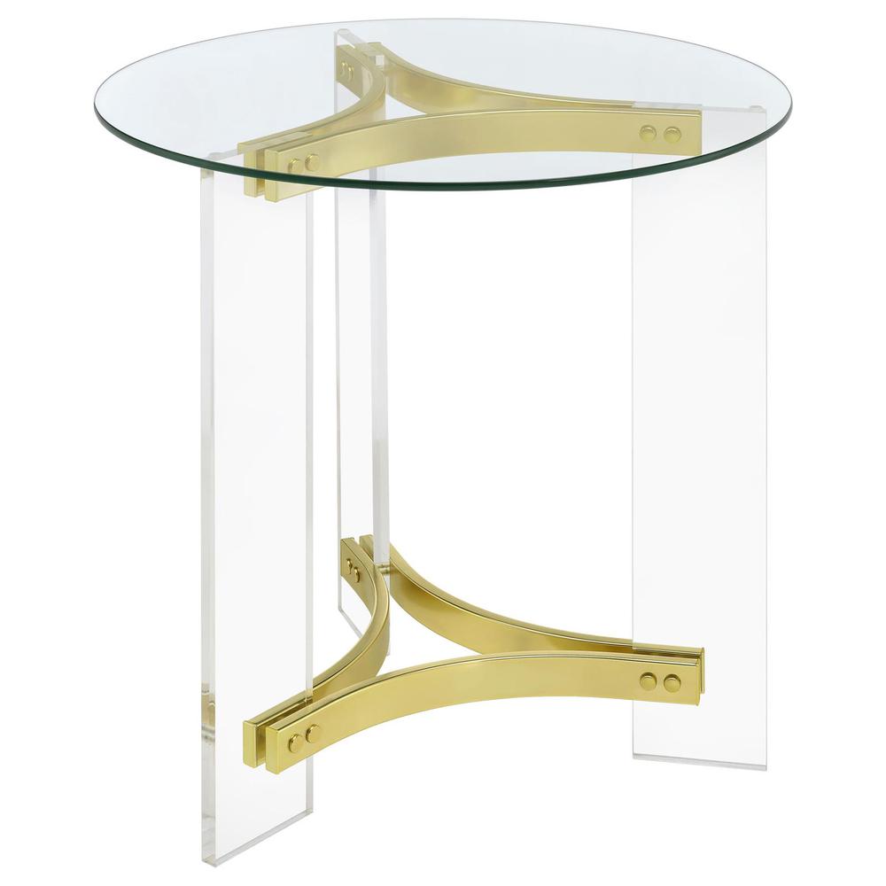 Janessa Round Glass Top End Table With Acrylic Legs Clear and Matte Brass. Picture 1