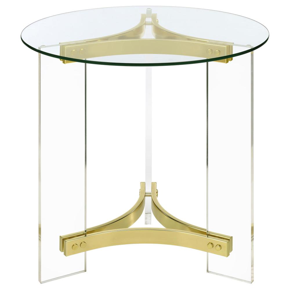 Janessa Round Glass Top End Table With Acrylic Legs Clear and Matte Brass. Picture 2