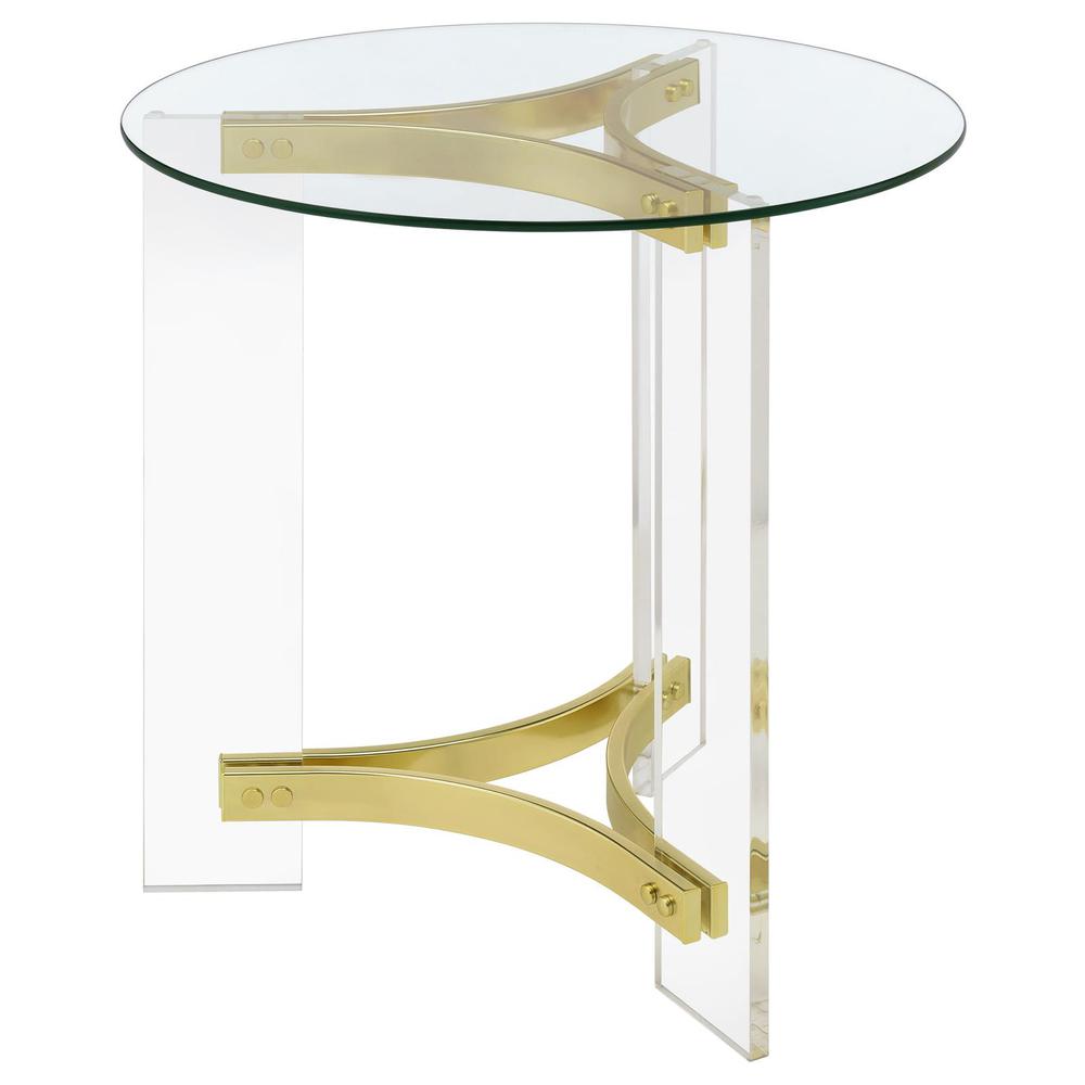 Janessa Round Glass Top End Table With Acrylic Legs Clear and Matte Brass. Picture 3