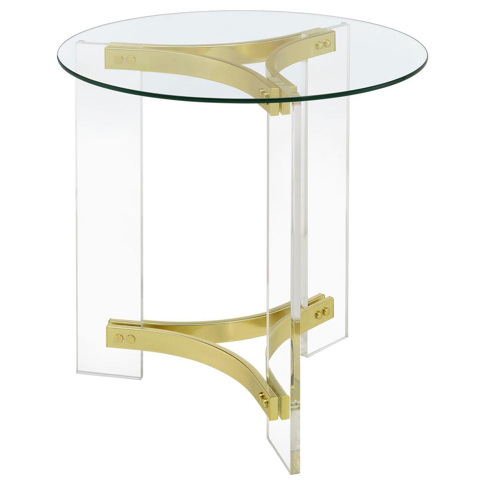 Janessa Round Glass Top End Table With Acrylic Legs Clear and Matte Brass. Picture 4