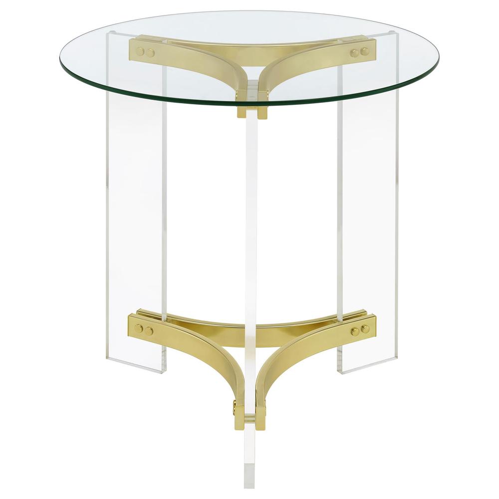 Janessa Round Glass Top End Table With Acrylic Legs Clear and Matte Brass. Picture 5