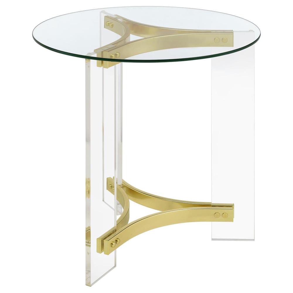 Janessa Round Glass Top End Table With Acrylic Legs Clear and Matte Brass. Picture 6