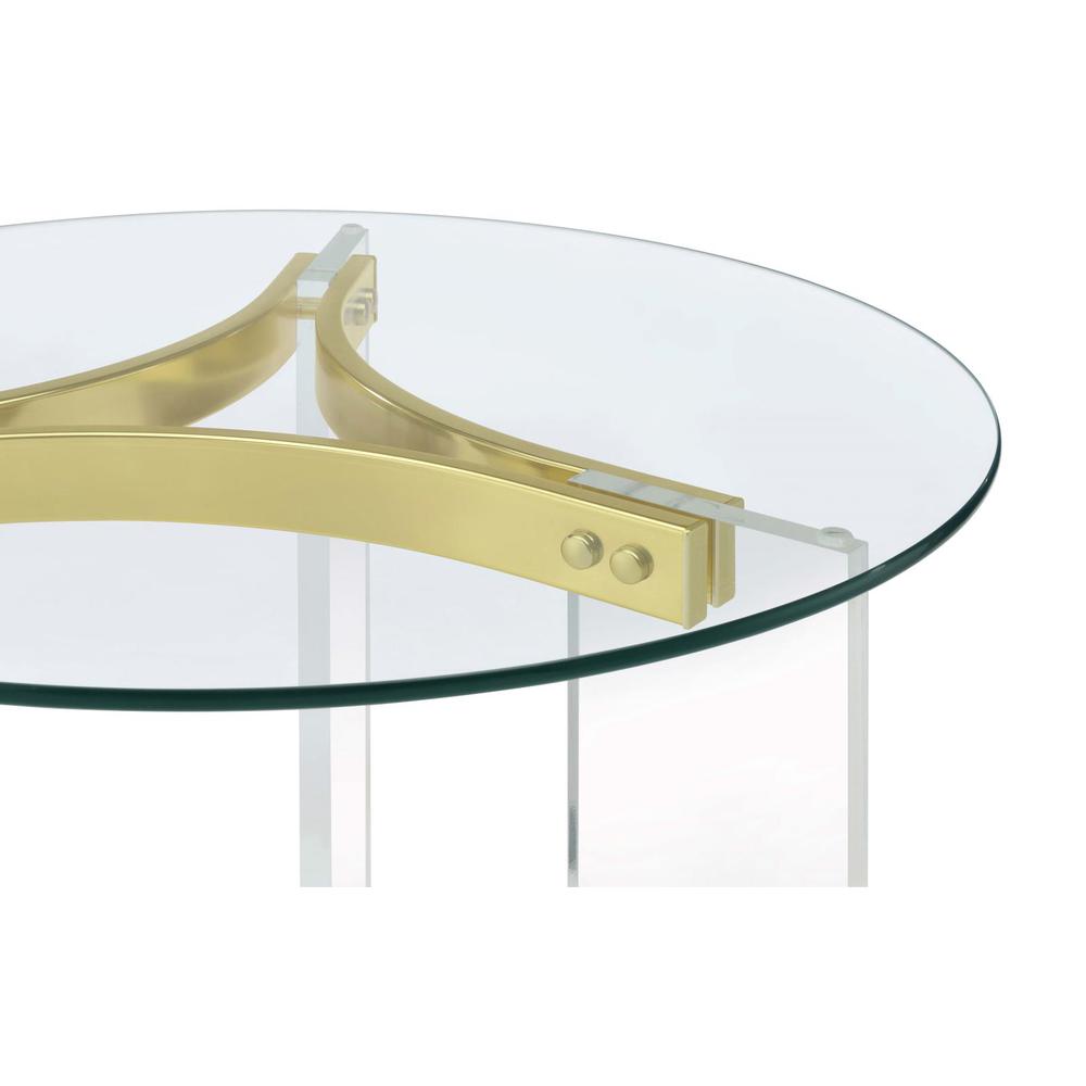 Janessa Round Glass Top End Table With Acrylic Legs Clear and Matte Brass. Picture 7