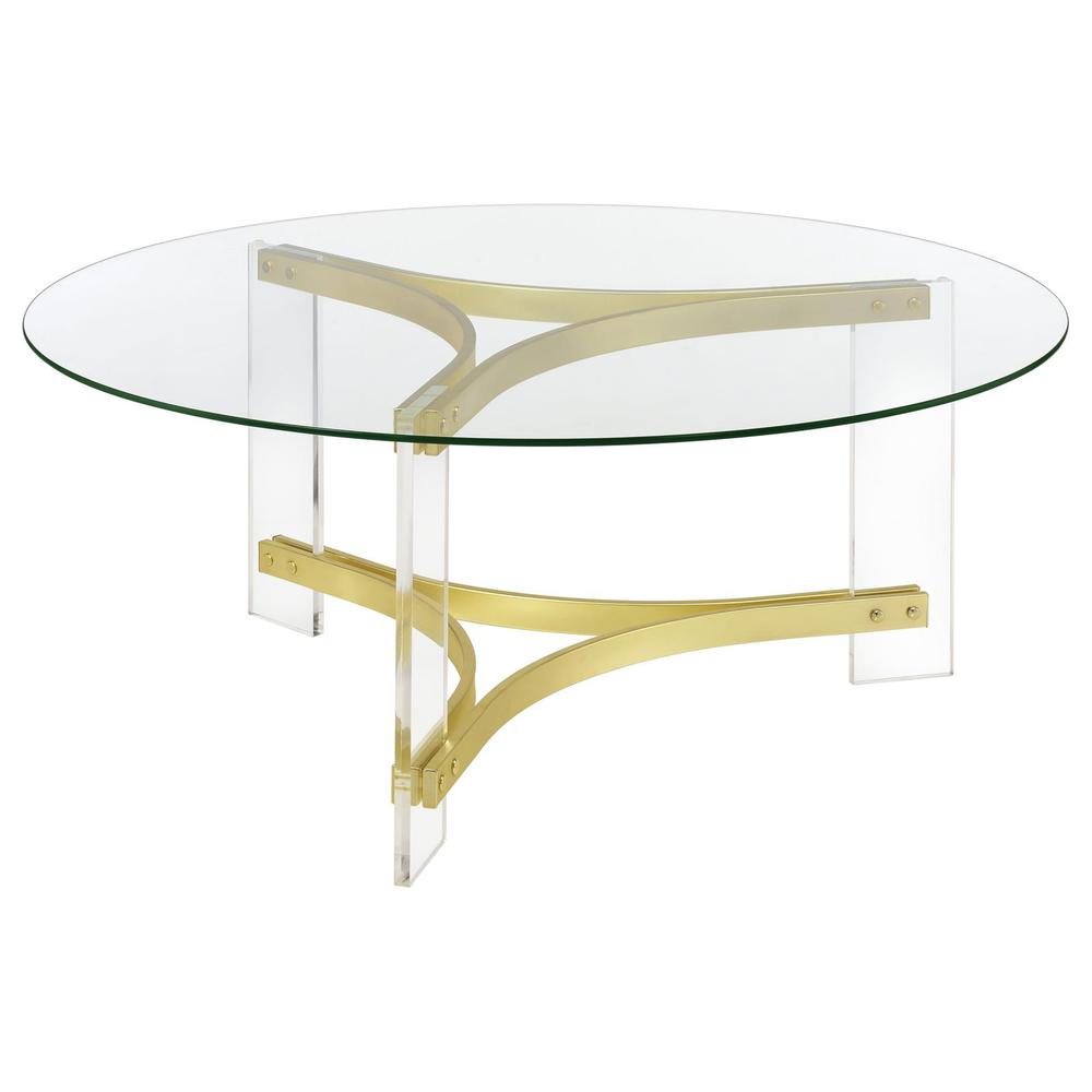 Janessa Round Glass Top Coffee Table With Acrylic Legs Clear and Matte Brass. Picture 2