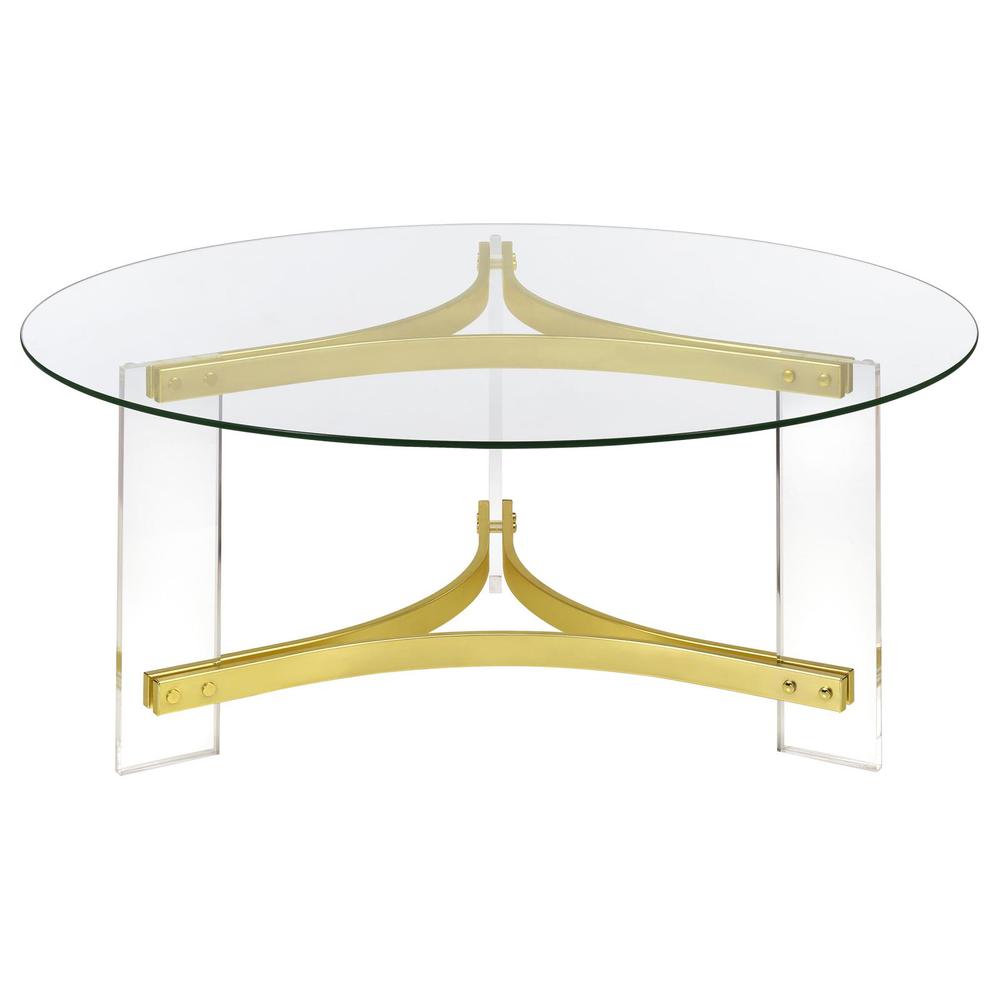 Janessa Round Glass Top Coffee Table With Acrylic Legs Clear and Matte Brass. Picture 1