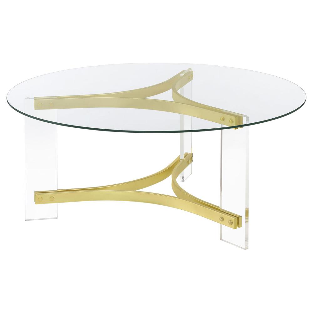 Janessa Round Glass Top Coffee Table With Acrylic Legs Clear and Matte Brass. Picture 3