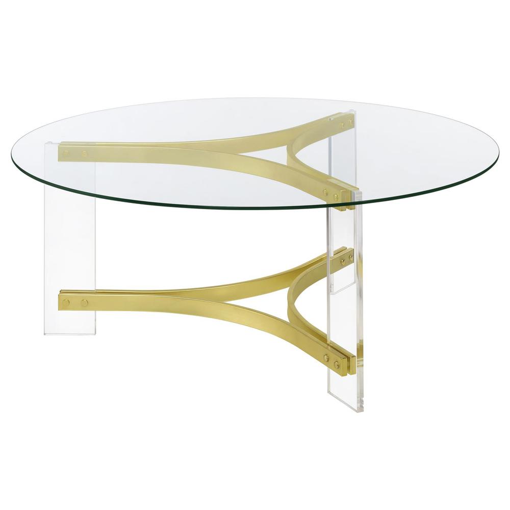 Janessa Round Glass Top Coffee Table With Acrylic Legs Clear and Matte Brass. Picture 4