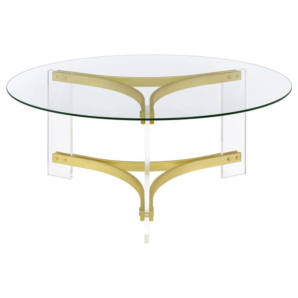 Janessa Round Glass Top Coffee Table With Acrylic Legs Clear and Matte Brass. Picture 5