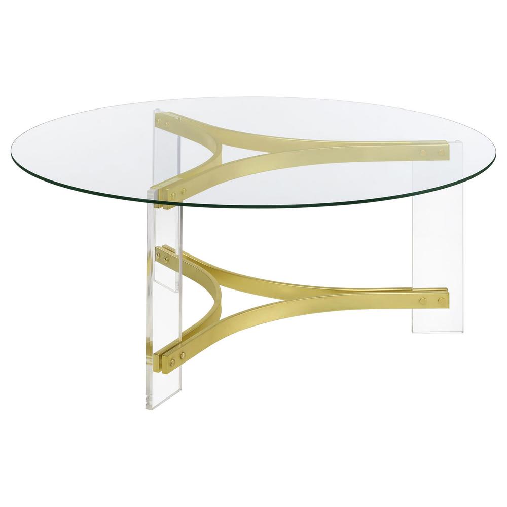 Janessa Round Glass Top Coffee Table With Acrylic Legs Clear and Matte Brass. Picture 6