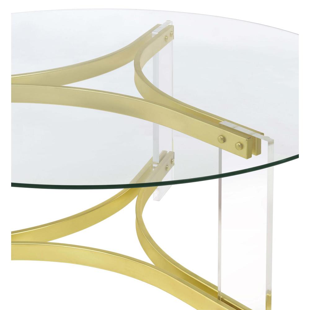 Janessa Round Glass Top Coffee Table With Acrylic Legs Clear and Matte Brass. Picture 7